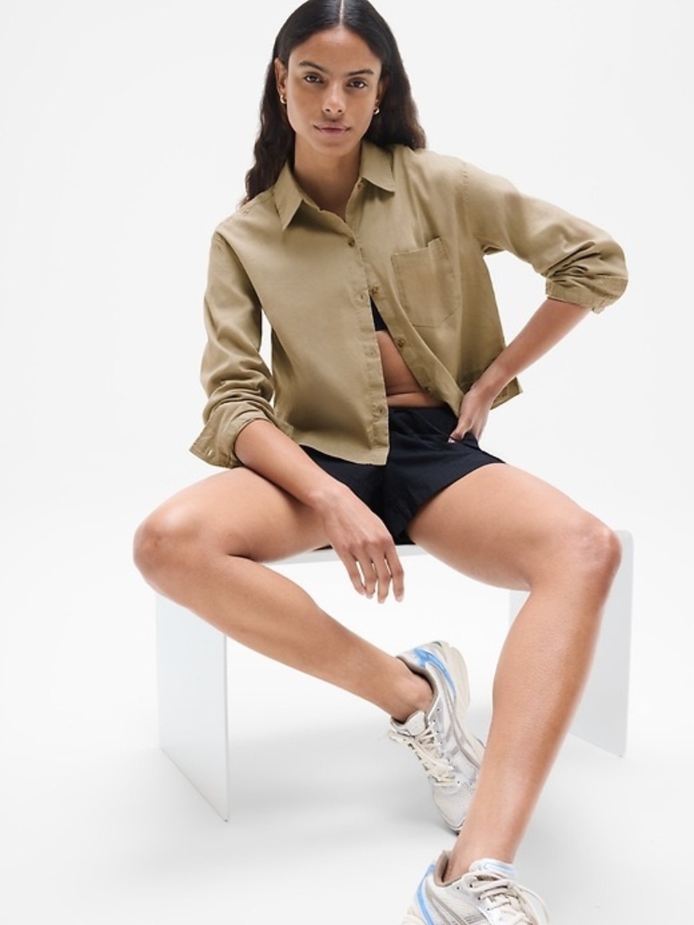 Athleta Linen Blend Paradise Crop Button Down Shirt Jacket Athleisure Breezy M
